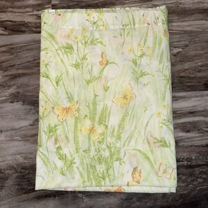 Vintage Floral Twin Flat Sheet Butterfly Green White Yellow Orange 70's Faded